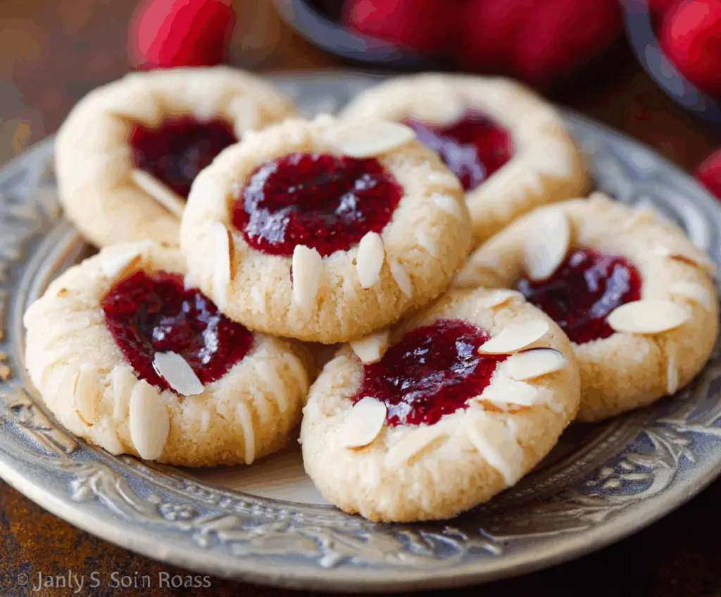 Delicious raspberry almond thumbprint cookies on a white plate, ready to enjoy.