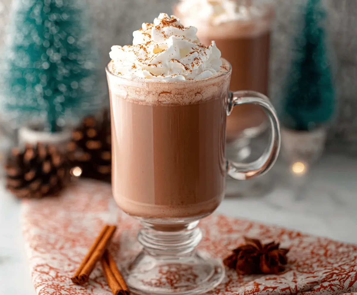 Creamy eggnog hot chocolate topped with whipped cream and nutmeg in a cozy mug.