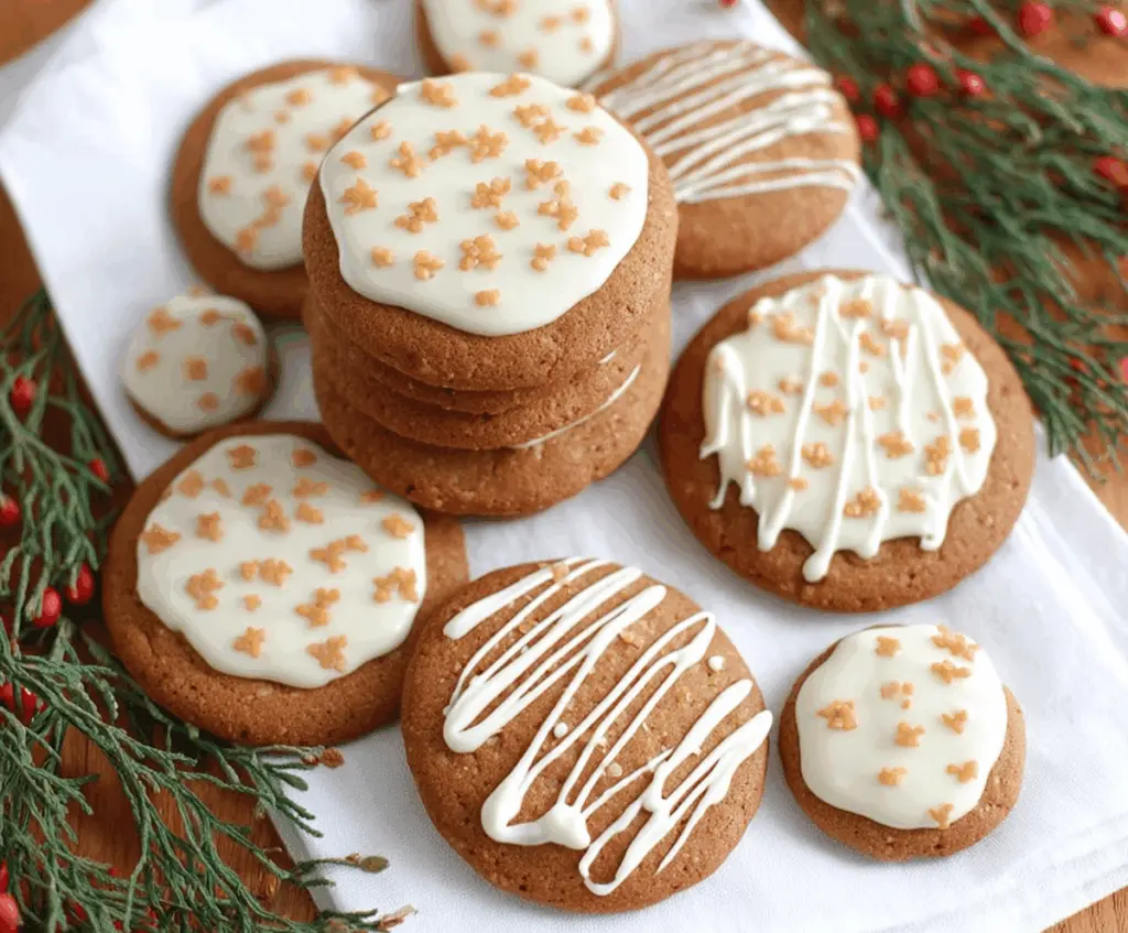 Delicious Eggnog Iced Gingerbread Cookies with festive decorations and a frosty appearance.