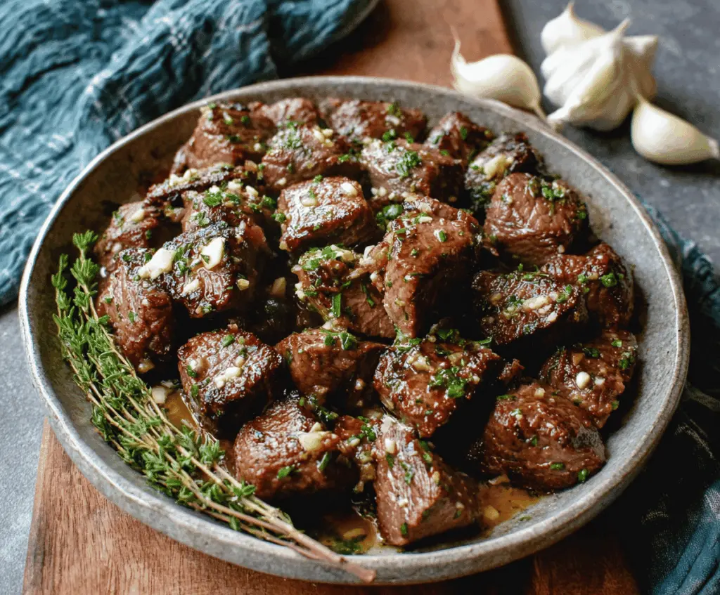 Juicy garlic butter steak bites garnished with fresh herbs on a rustic wooden plate.
