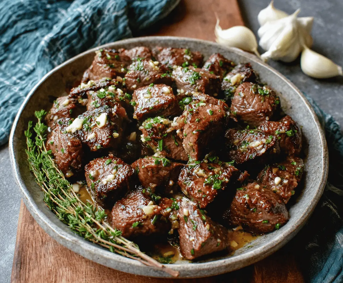 Juicy garlic butter steak bites garnished with fresh herbs on a rustic wooden plate.
