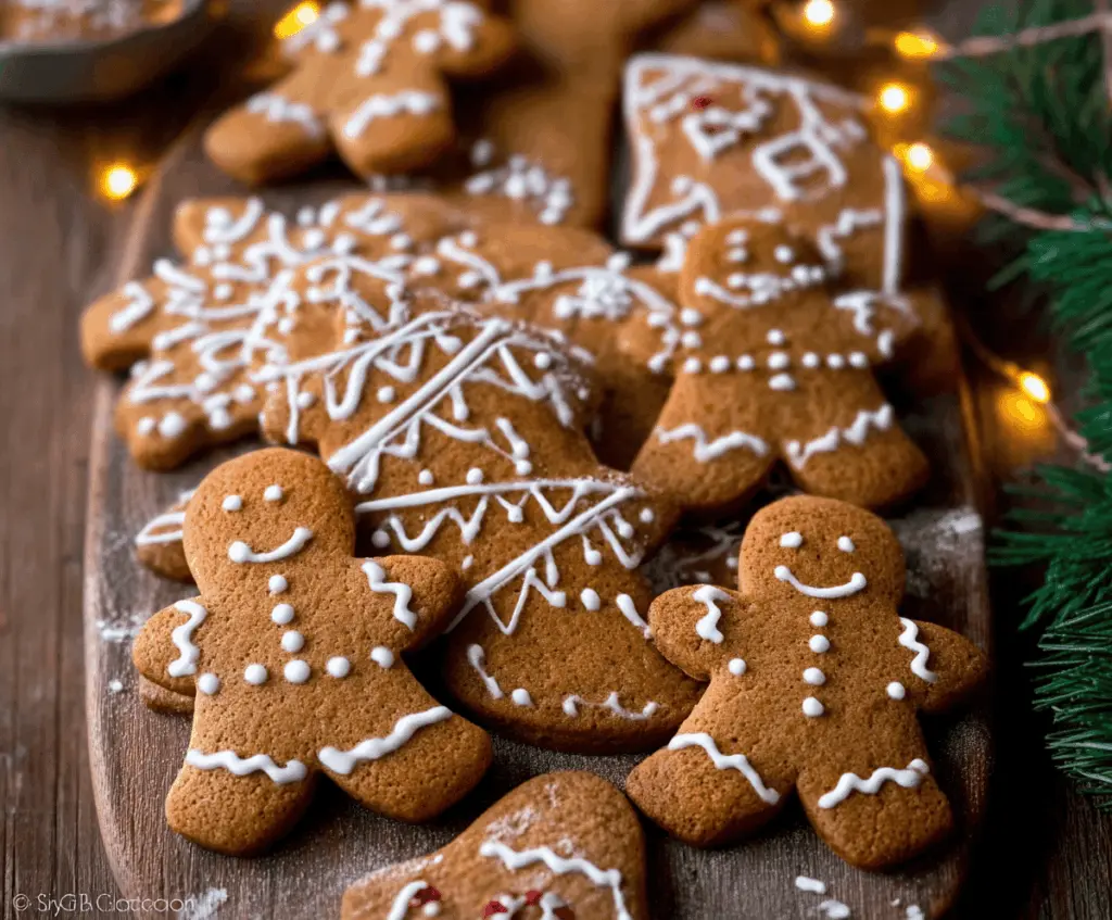 Golden-brown gingerbread biscuits decorated with icing, perfect for the holiday season