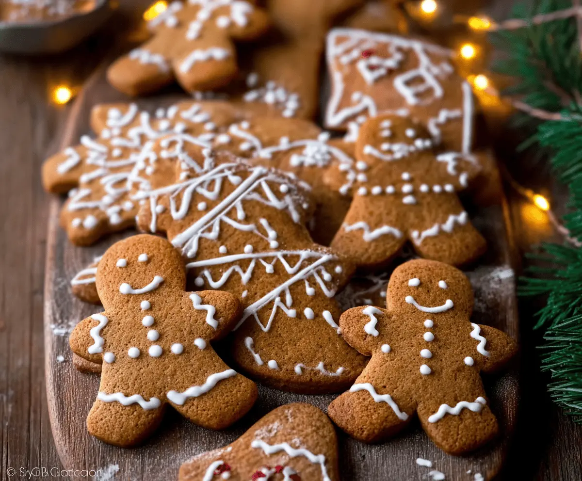 Golden-brown gingerbread biscuits decorated with icing, perfect for the holiday season