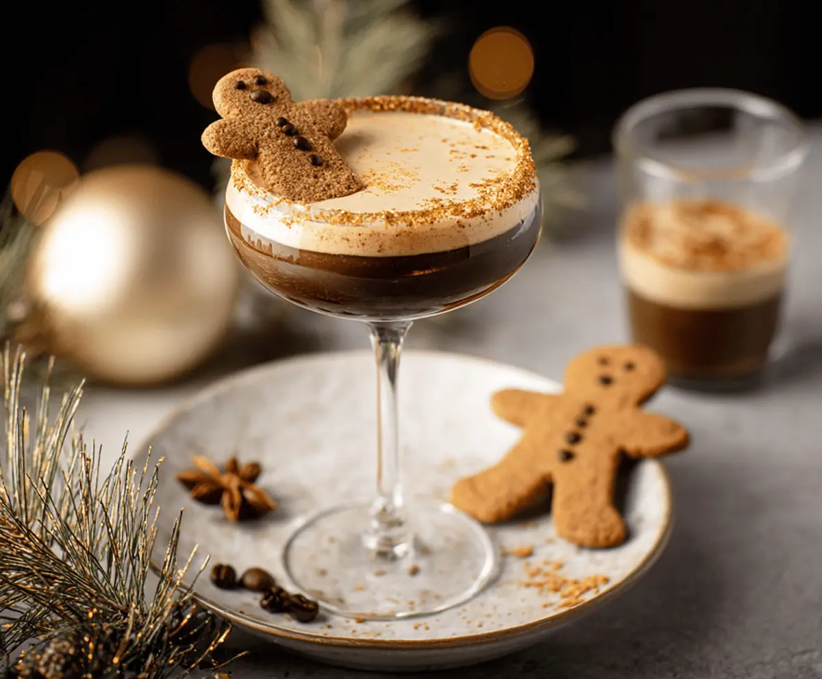 Delicious Gingerbread Espresso Martini cocktail garnished with a cinnamon stick and whipped cream.
