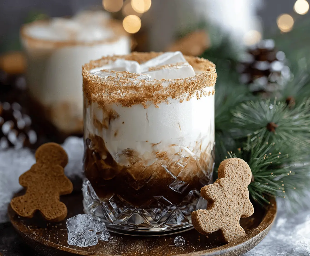 A festive cocktail glass filled with Gingerbread White Russian topped with whipped cream and a sprinkle of cinnamon.