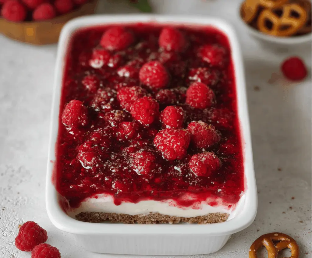 Delicious gluten-free raspberry pretzel salad with fresh berries and crunchy pretzels.