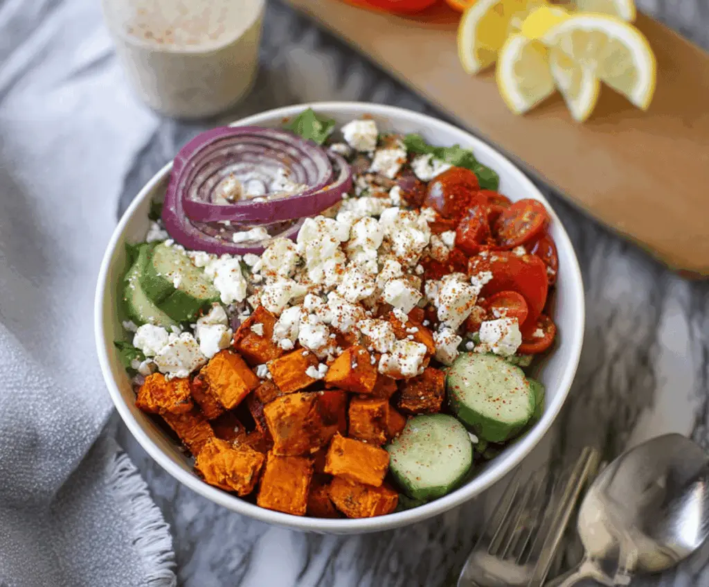 Delicious Greek sweet potato bowls topped with fresh herbs and feta cheese.