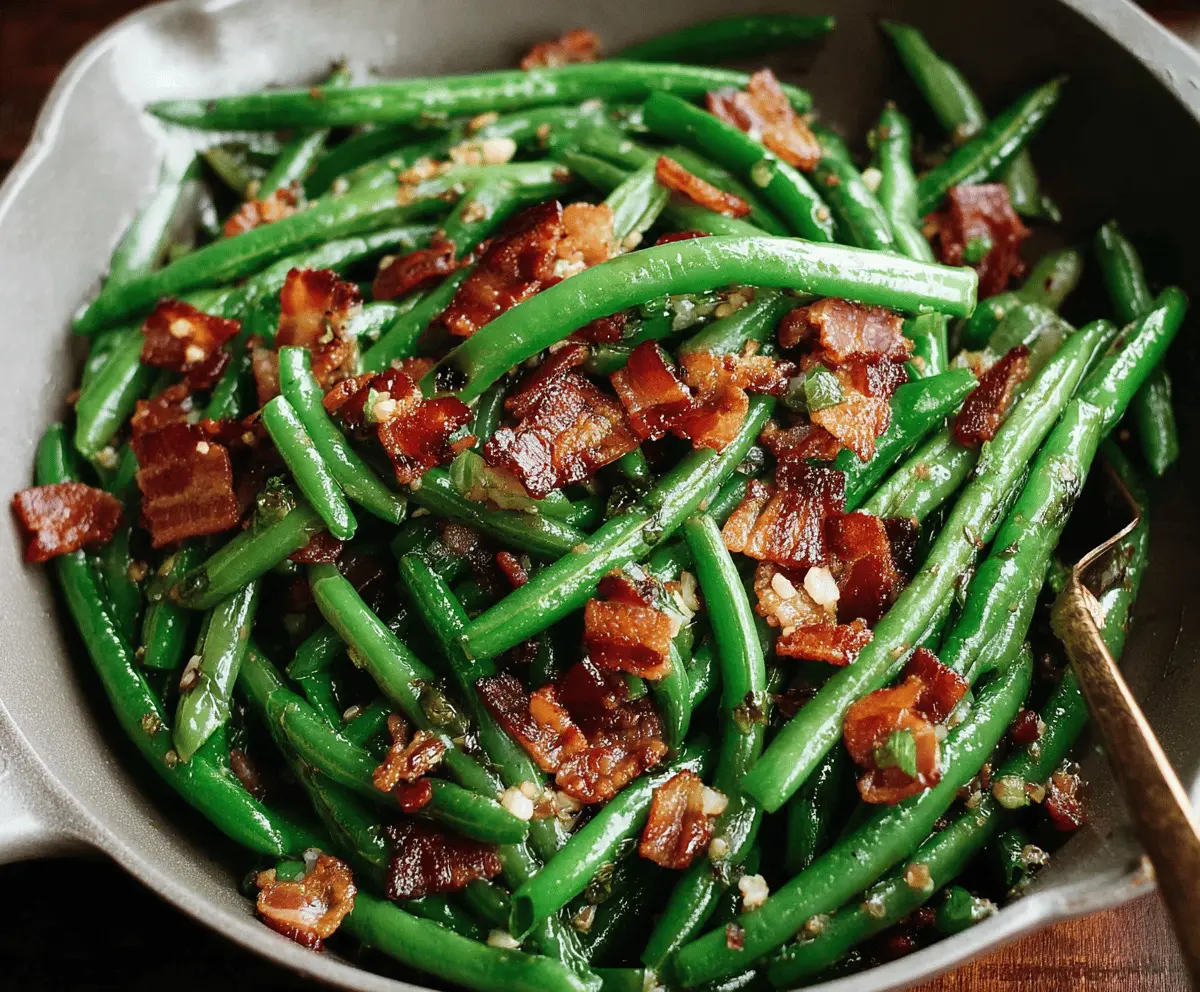 Delicious green beans cooked with crispy bacon slices, perfect for a savory side dish.