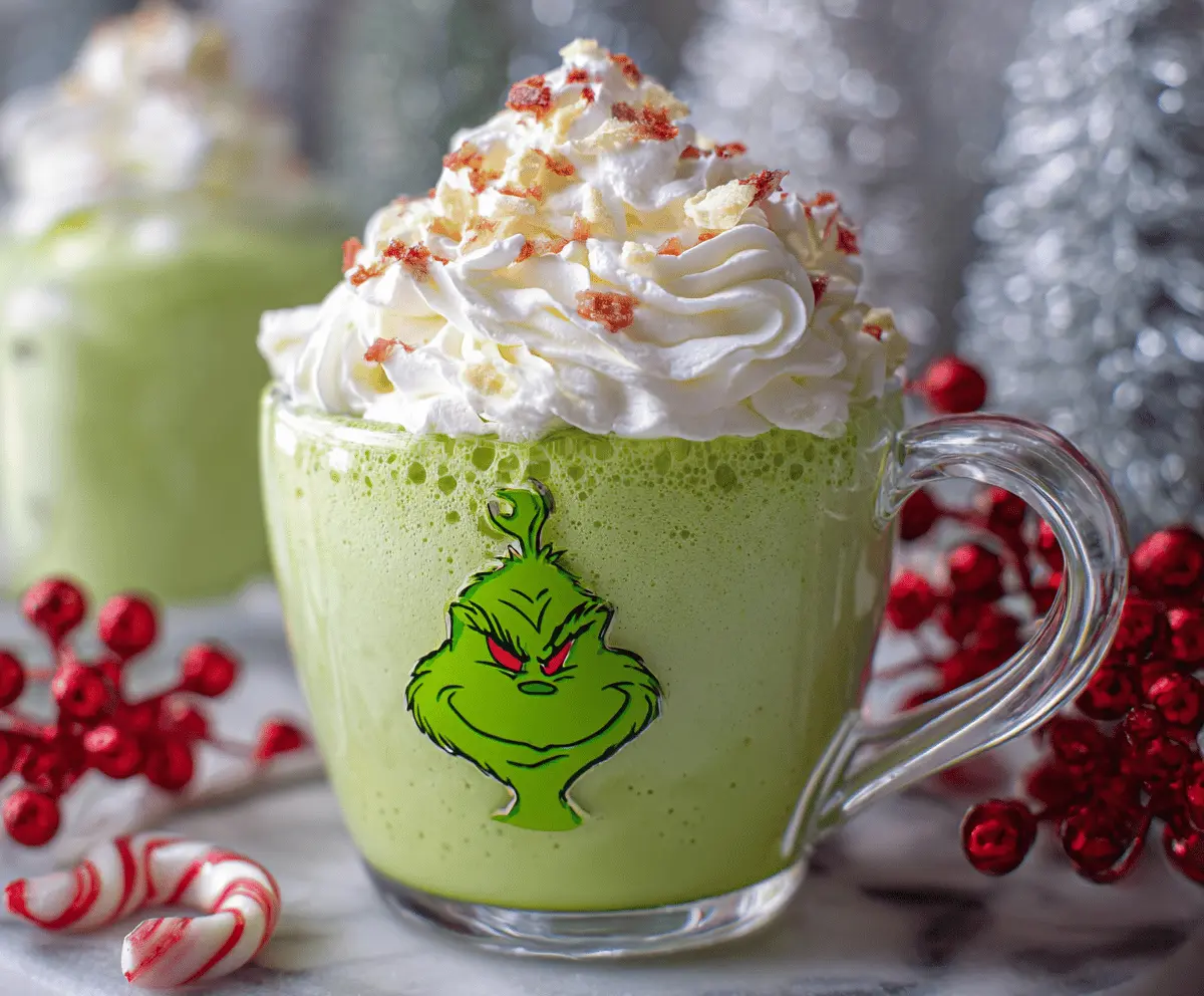 Festive Grinch-themed hot chocolate with green whipped cream and holiday sprinkles