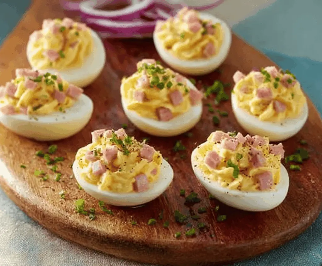 Delicious ham deviled eggs garnished with fresh herbs on a white plate.