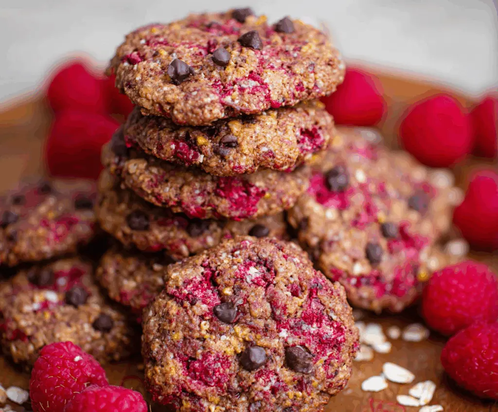 Delicious and healthy raspberry cookies topped with fresh raspberries and mint leaves.