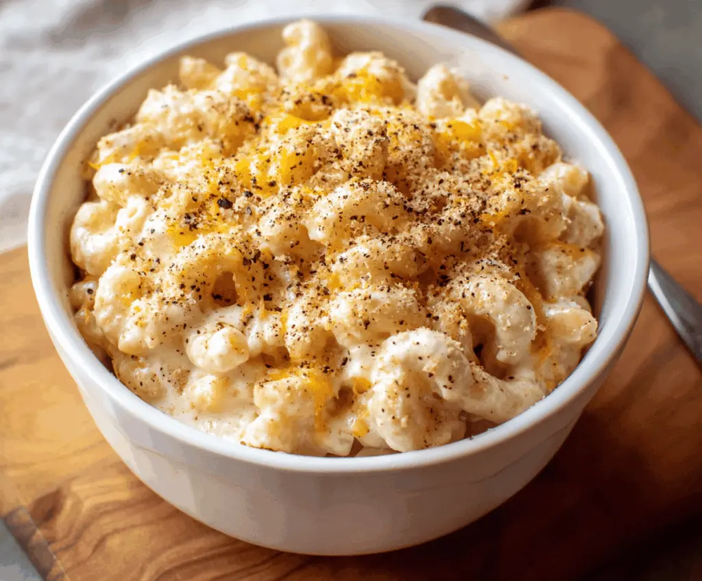 Delicious high protein mac and cheese featuring creamy cheese sauce and hearty pasta for a nutritious meal.