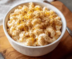 Delicious high protein mac and cheese featuring creamy cheese sauce and hearty pasta for a nutritious meal.