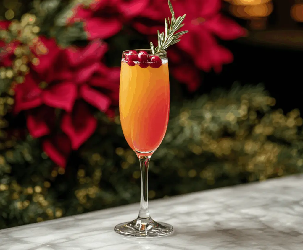 Festive Holly Jolly Mimosa with orange slices and sparkling champagne in a decorative glass.