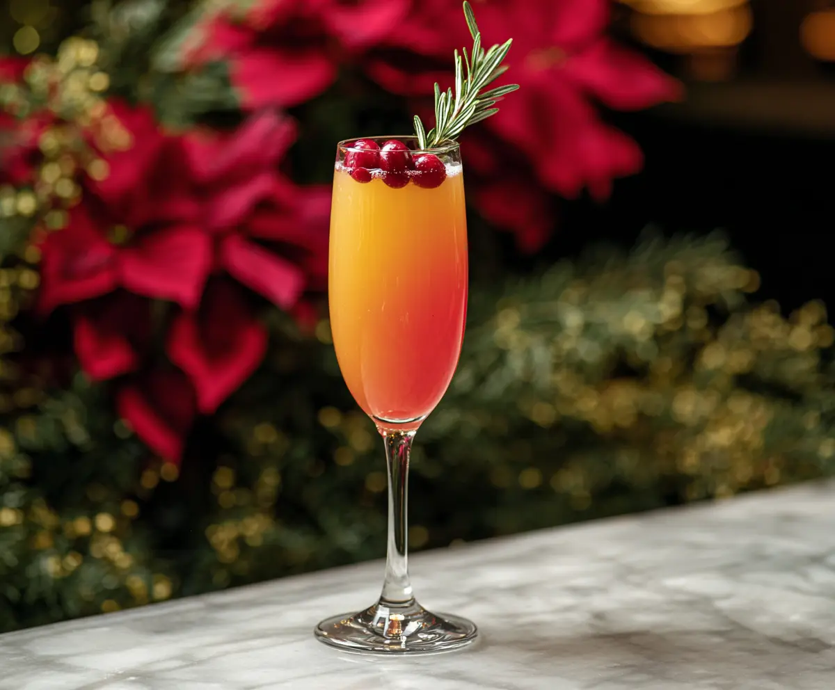 Festive Holly Jolly Mimosa with orange slices and sparkling champagne in a decorative glass.