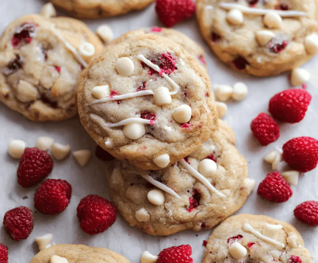 Delicious homemade white chocolate raspberry cheesecake cookies on a plate with fresh raspberries.