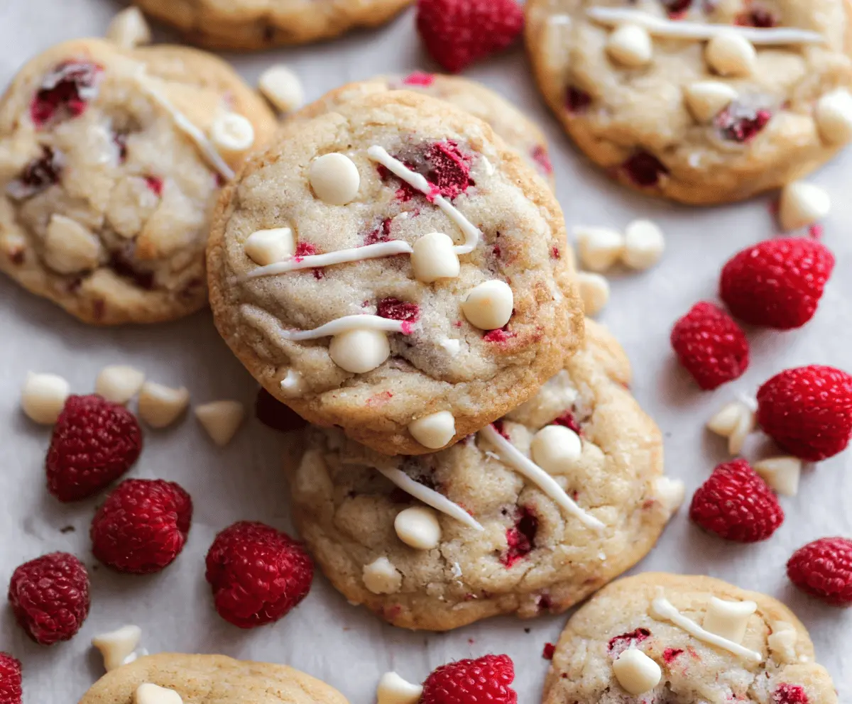 Delicious homemade white chocolate raspberry cheesecake cookies on a plate with fresh raspberries.