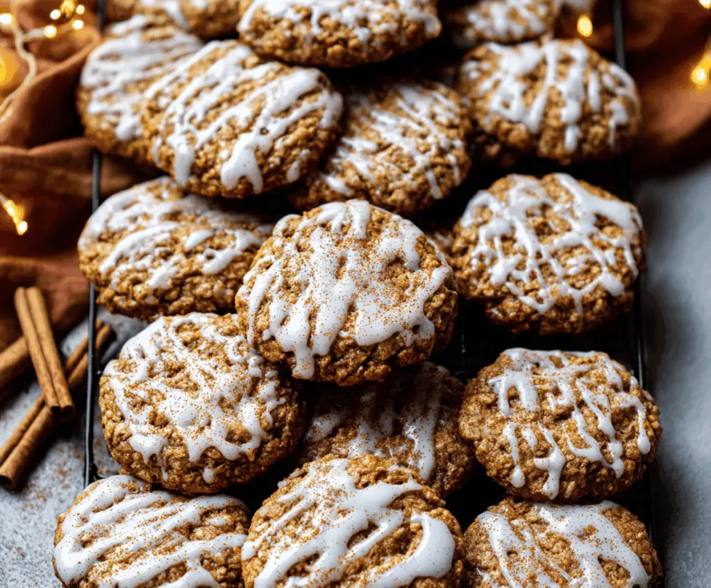 Delicious iced gingerbread oatmeal cookies on a plate with a festive holiday background.