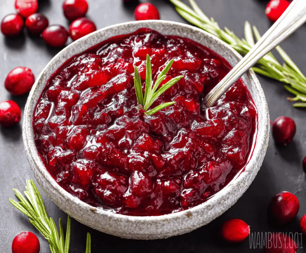 Delicious homemade keto cranberry sauce in a bowl with fresh cranberries and mint garnish
