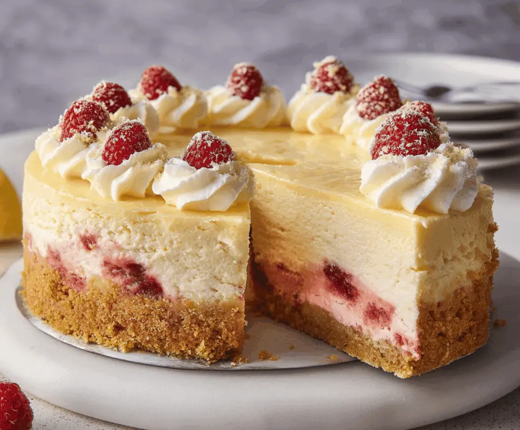 Delicious Lemon Raspberry Cream Cheesecake garnished with fresh raspberries and lemon zest