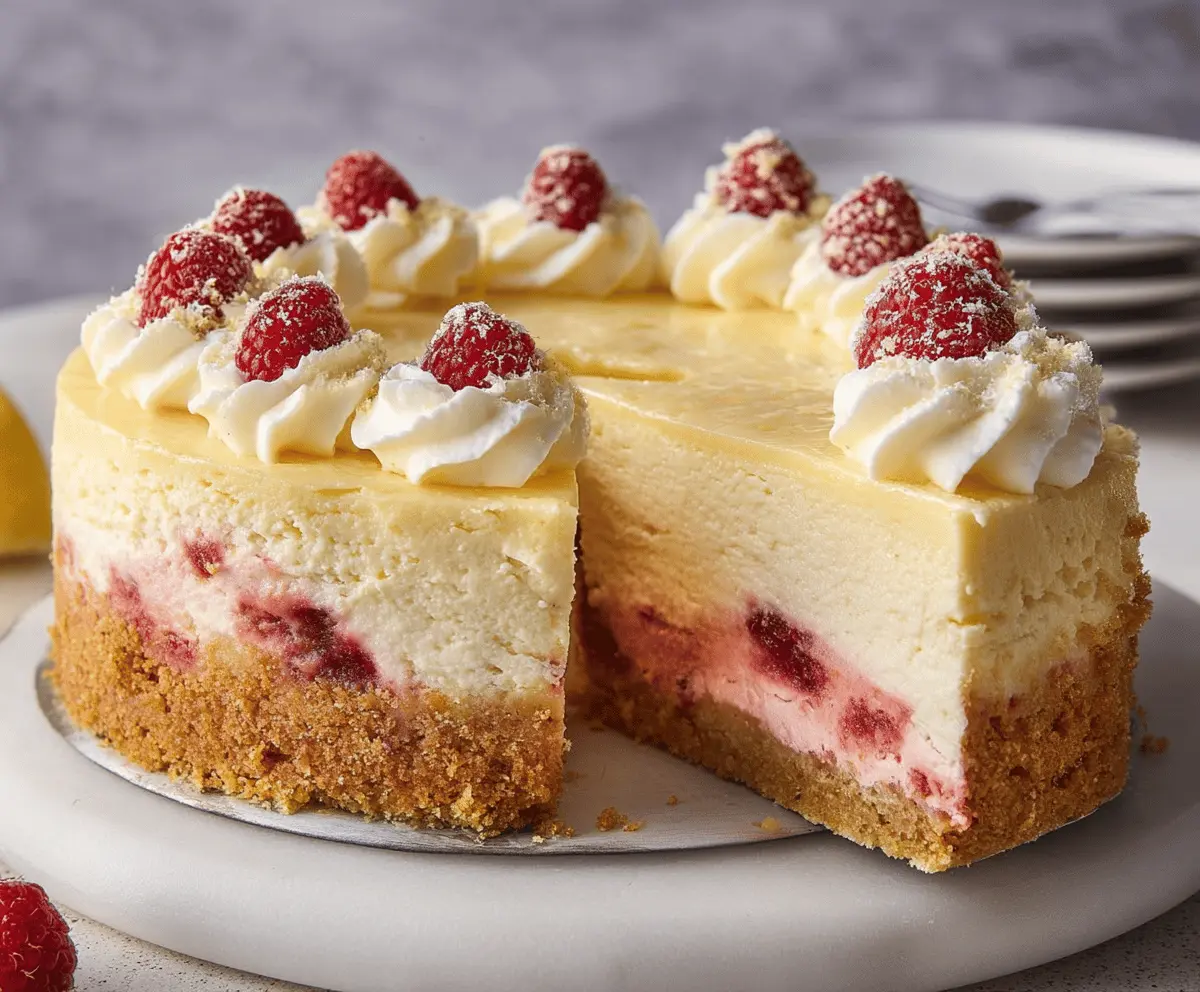 Delicious Lemon Raspberry Cream Cheesecake garnished with fresh raspberries and lemon zest
