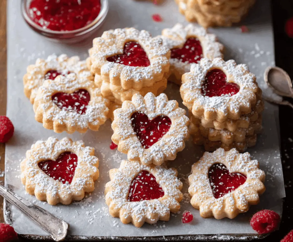 Delicious Linzer Raspberry Cookies with powdered sugar and raspberry jam filling