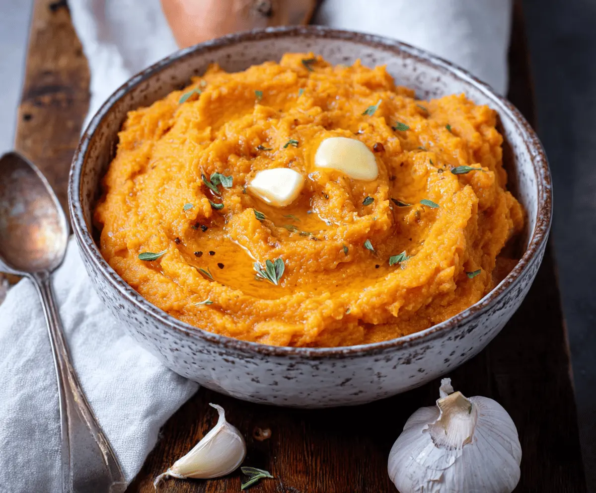 Creamy mashed sweet potatoes with garlic, garnished with fresh herbs for a healthy side dish.