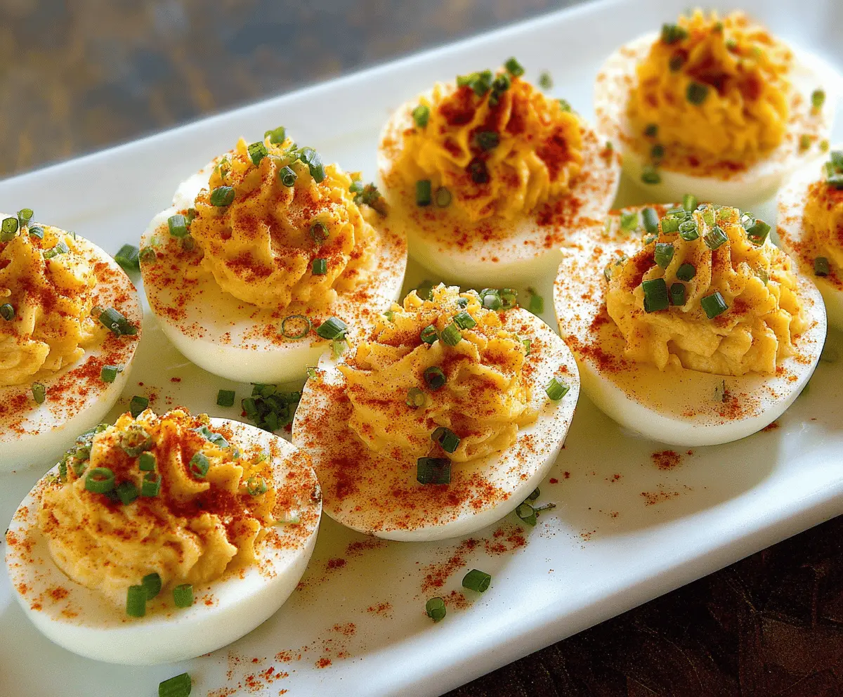 Creamy Million Dollar Deviled Eggs garnished with paprika and herbs on a white platter.