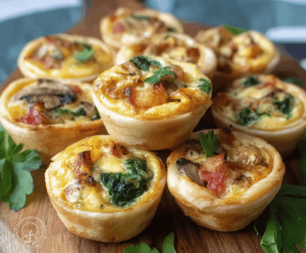 Delicious mini quiche bites with flaky crust and savory filling, perfect for appetizers or brunch.