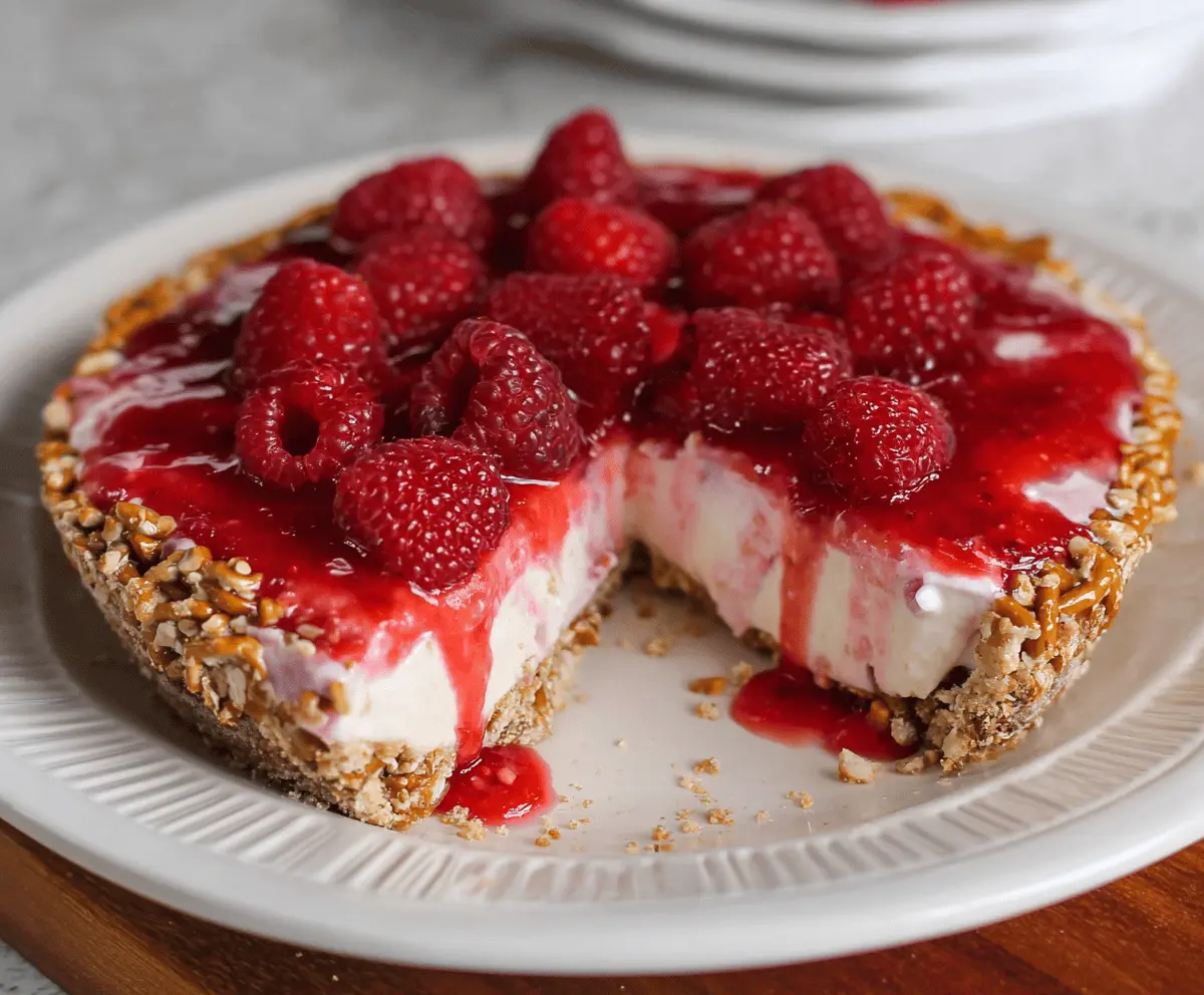 Delicious No-Bake Raspberry Pretzel Pie with fresh raspberries and a crunchy pretzel crust