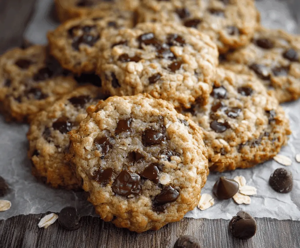 Homemade oatmeal chocolate chip cookies on a baking tray, perfect for snacking or dessert.