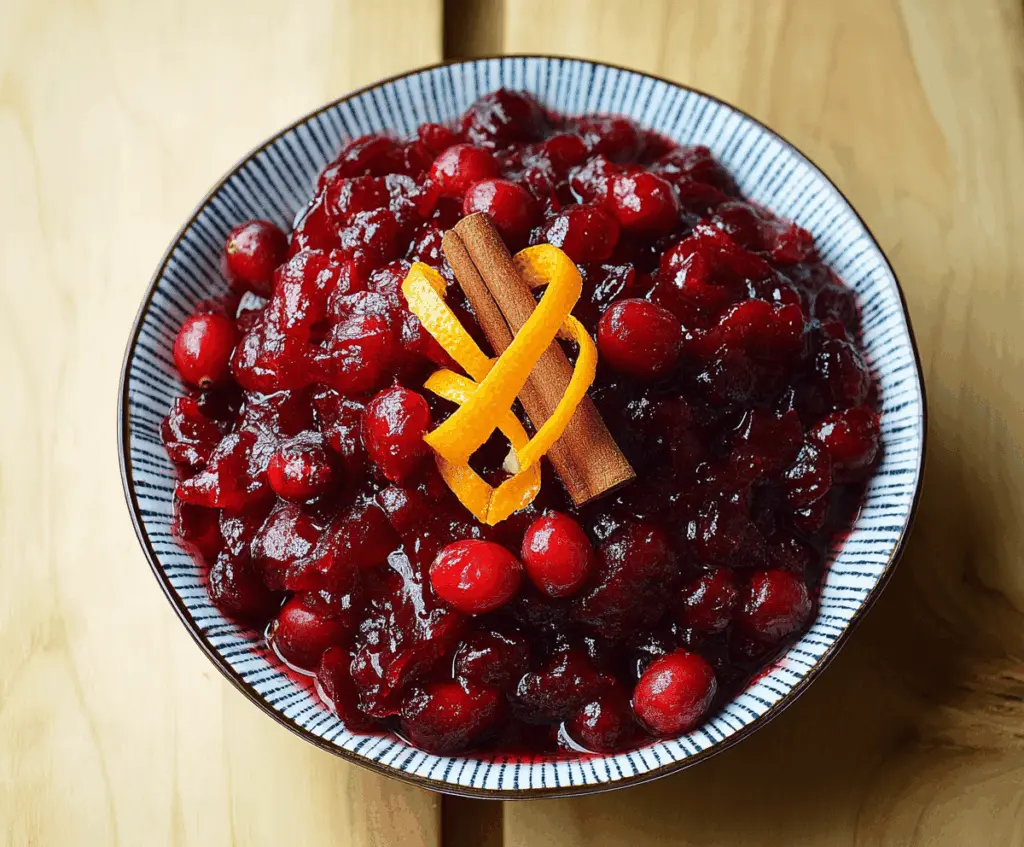 Vibrant orange and cranberry sauce with cinnamon, perfect for holiday meals.