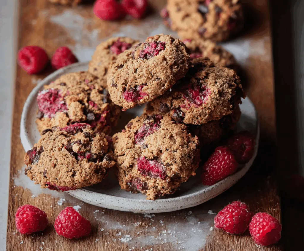 Delicious paleo raspberry cookies on a baking tray with fresh raspberries and coconut flakes.