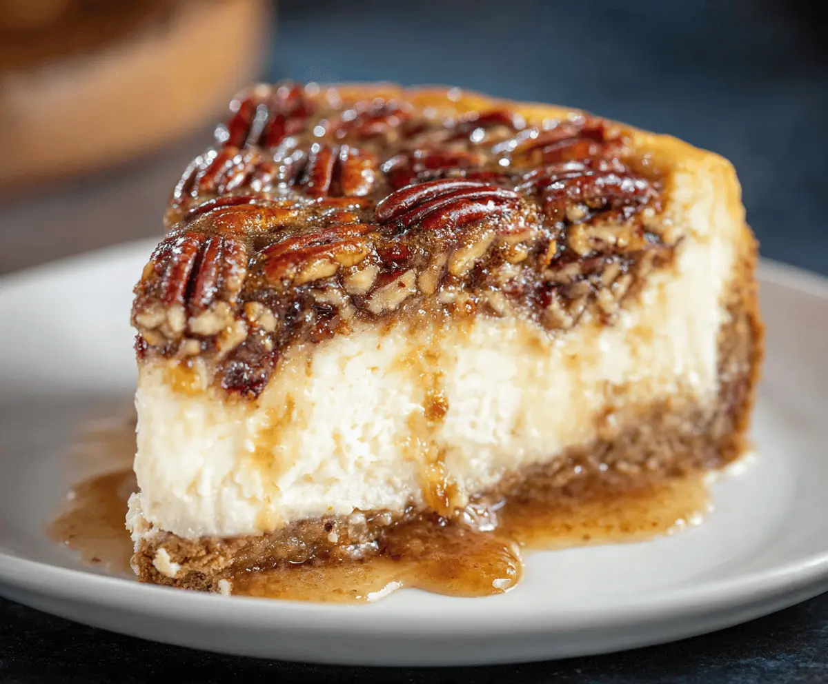 Delicious Pecan Pie Cheesecake topped with caramelized pecans and whipped cream.