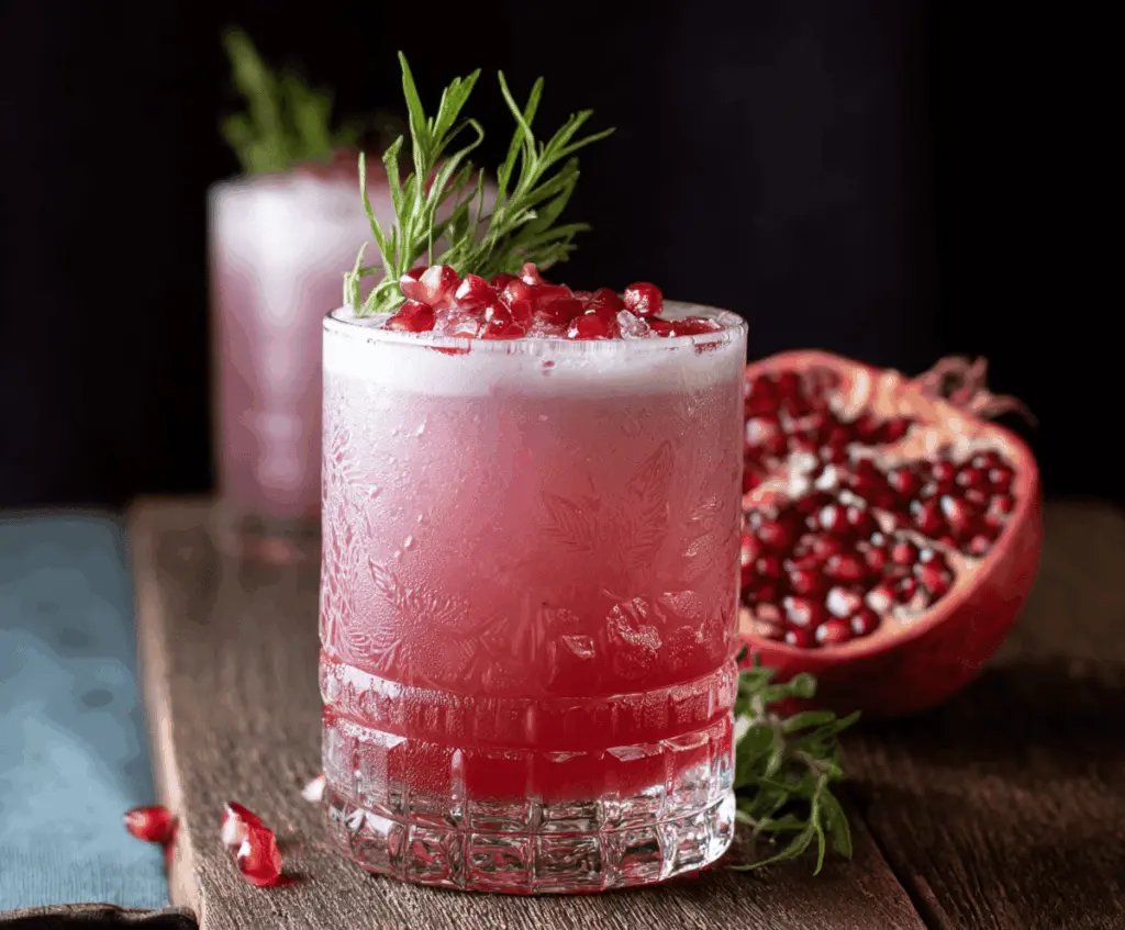 Refreshing Pomegranate Gin Fizz cocktail in a glass with pomegranate seeds and mint garnish.
