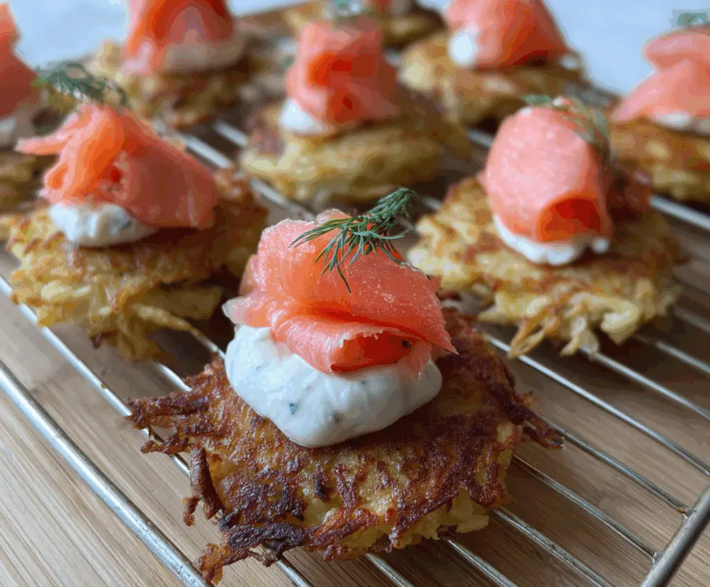 Golden potato latke bites topped with smoked salmon and fresh dill, perfect for appetizers.