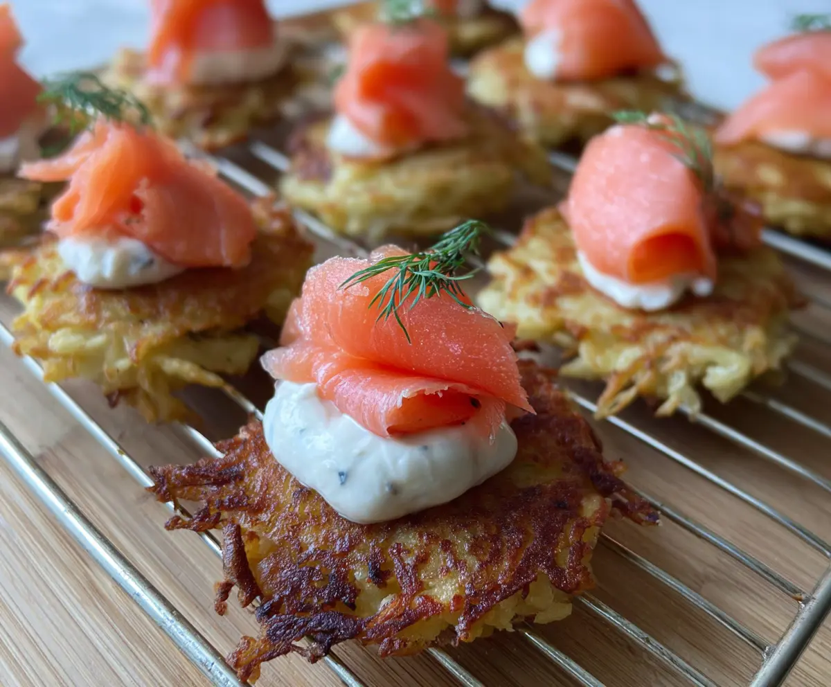 Golden potato latke bites topped with smoked salmon and fresh dill, perfect for appetizers.