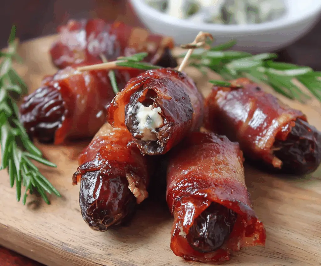 Delicious prosciutto-wrapped dates on a serving platter for appetizer or party snack.