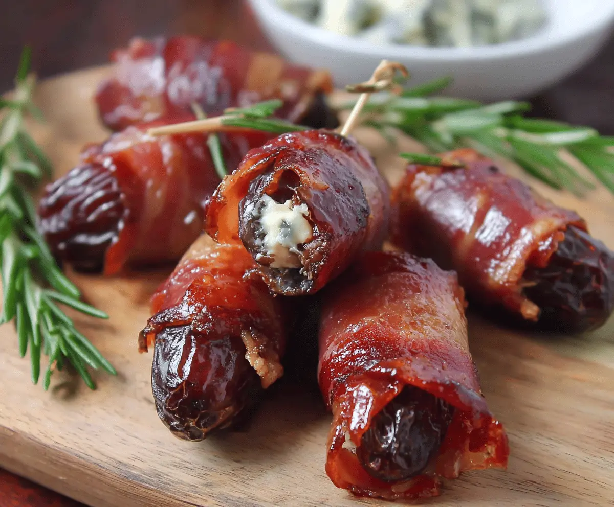 Delicious prosciutto-wrapped dates on a serving platter for appetizer or party snack.
