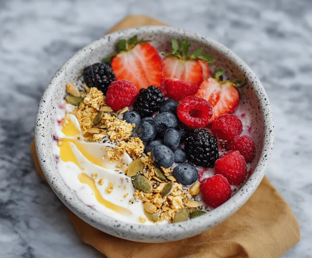 Healthy protein yogurt bowl topped with fresh fruits and nuts for breakfast or snack enjoyment
