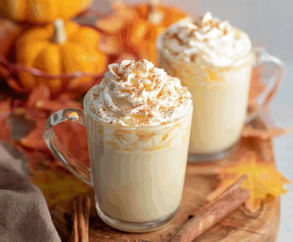 Delicious pumpkin white hot chocolate topped with whipped cream and cinnamon for a cozy fall treat.