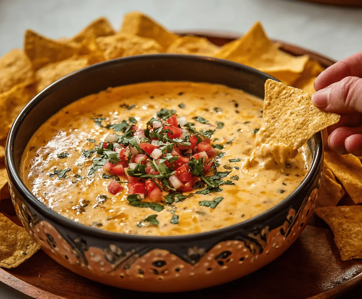 Creamy queso dip served with crispy tortilla chips, perfect for snacking or parties.