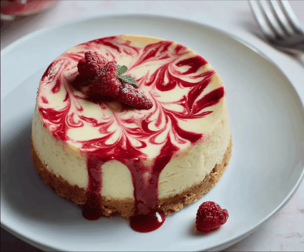 Delicious raspberry almond cheesecake with a creamy topping and fresh berries on top.