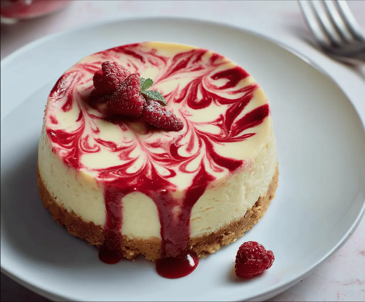 Delicious raspberry almond cheesecake with a creamy topping and fresh berries on top.