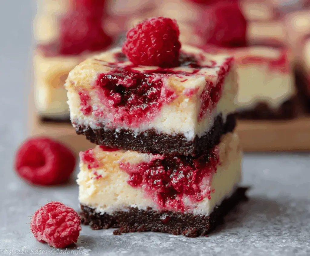 Delicious raspberry cheesecake bars with a creamy filling and fresh raspberries on top.