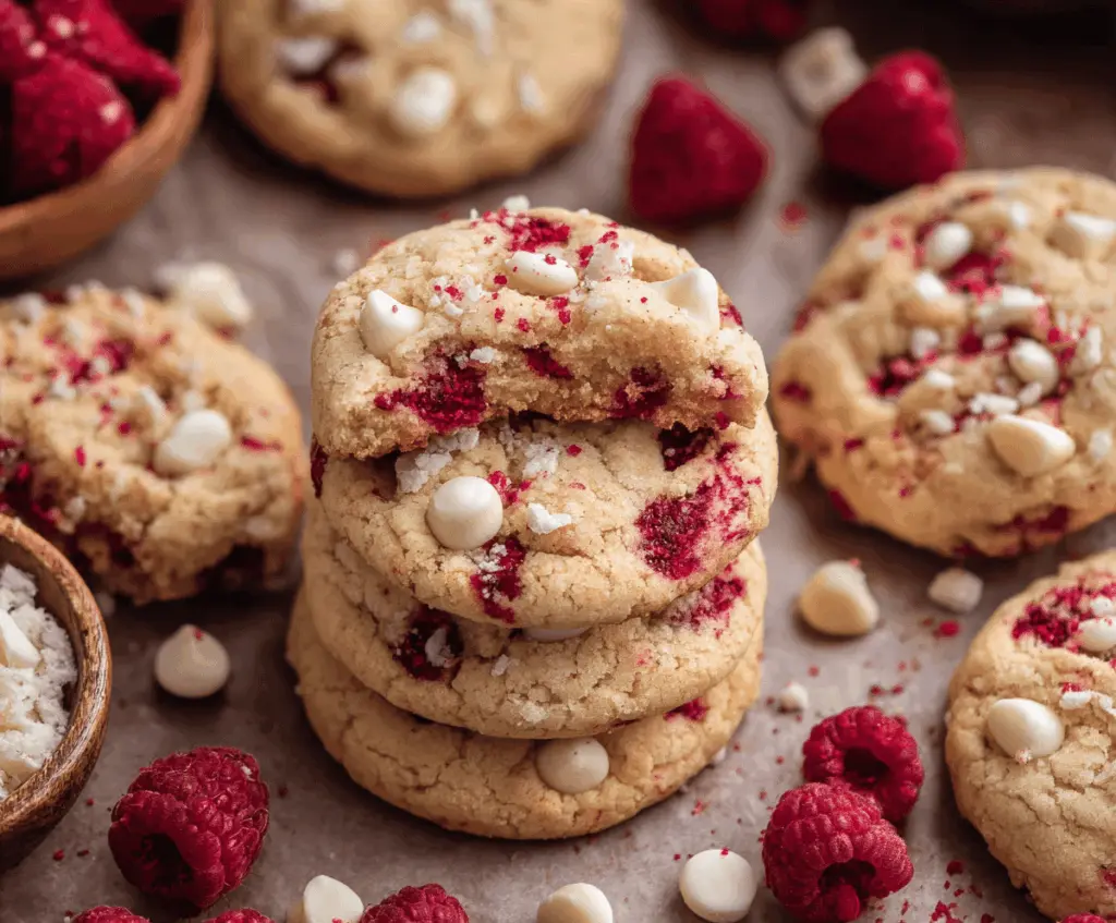 Delicious Raspberry Cheesecake Cookies with swirls of raspberry and creamy cheesecake filling.