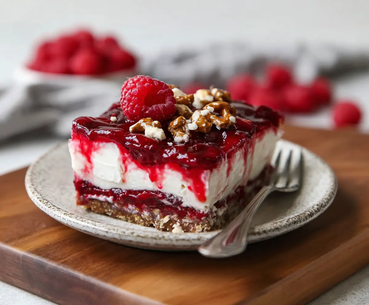 Delicious raspberry pretzel dessert with a crispy pretzel crust, creamy filling, and fresh raspberries on top.