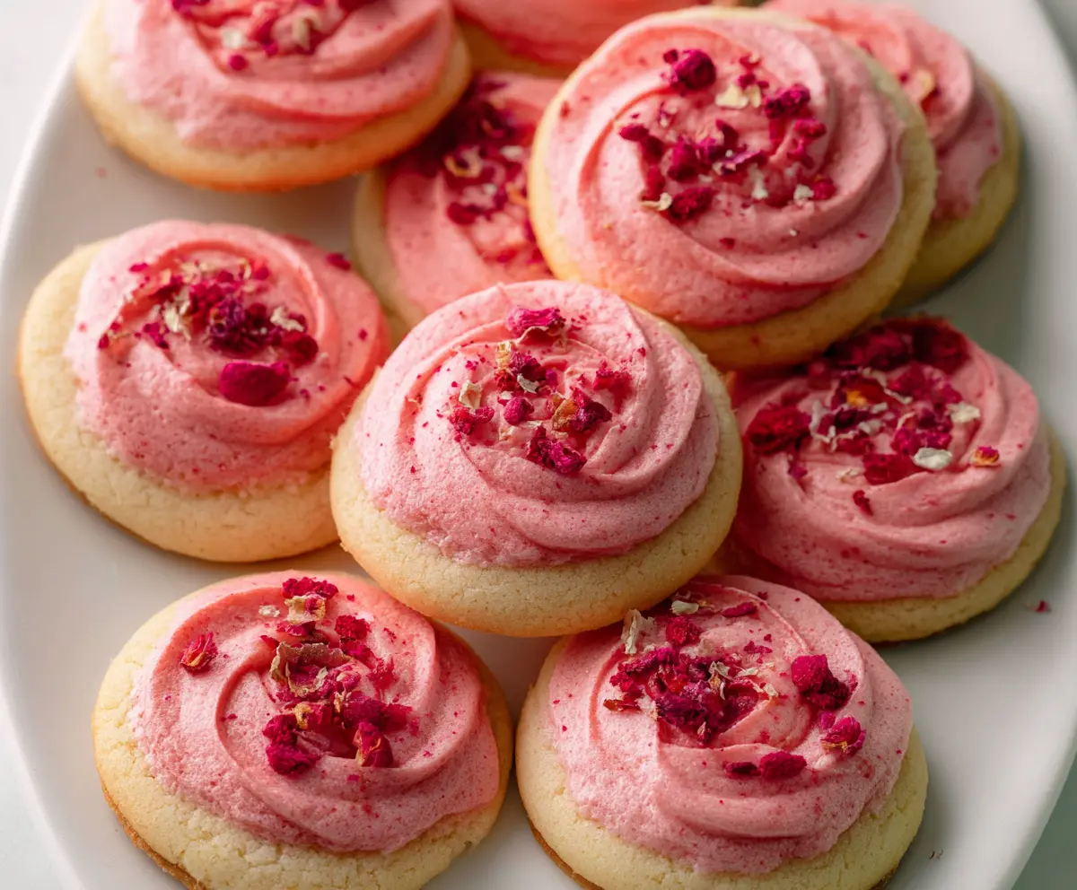 Delicious Raspberry Rose Cookies garnished with fresh raspberries and edible rose petals, perfect for dessert or tea time.
