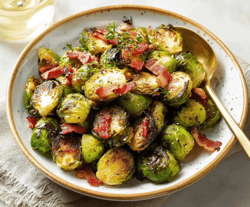 Delicious roasted Brussels sprouts with crispy bacon served on a plate.
