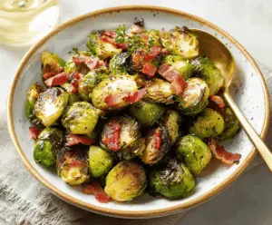 Delicious roasted Brussels sprouts with crispy bacon served on a plate.
